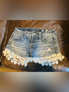Miss Me Blue Denim Shorts with White Lace Trim size 26